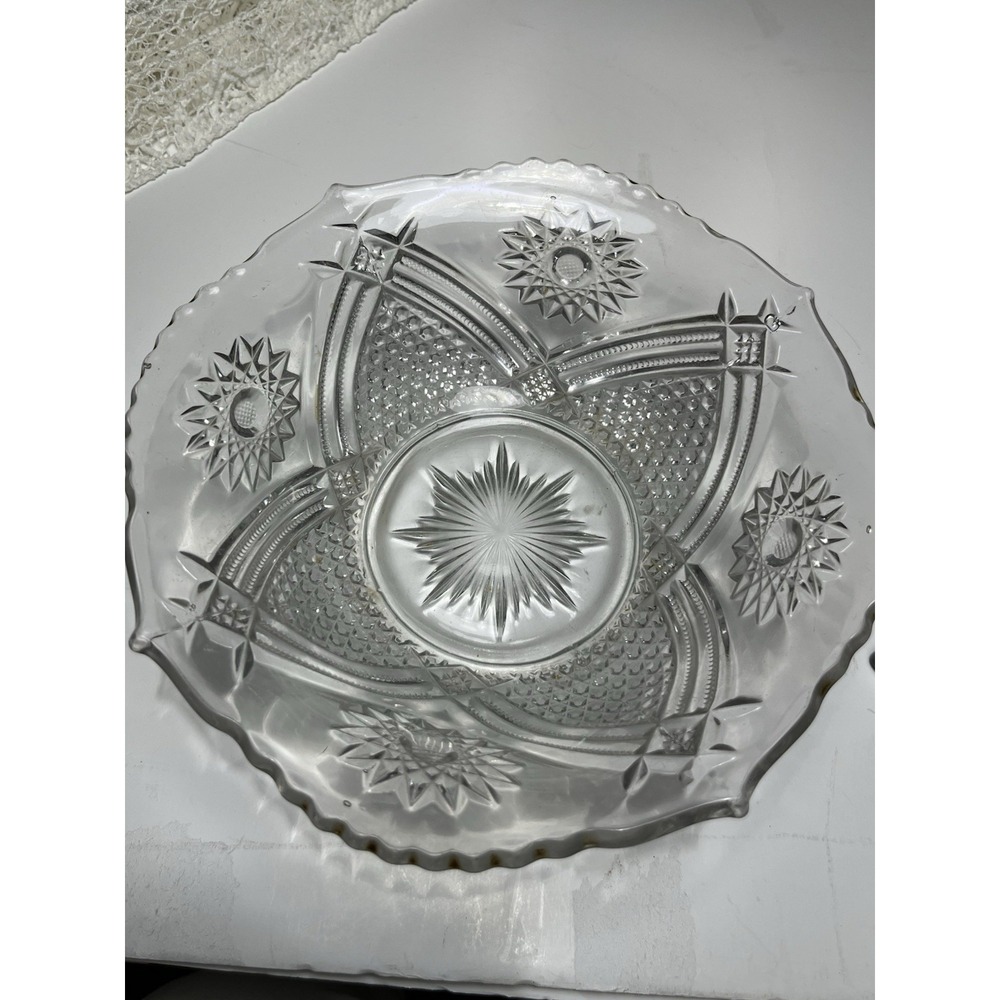 Vintage 9 3/4" Clear Glass Bowl‎ Star Burst Pattern Scalloped Edge